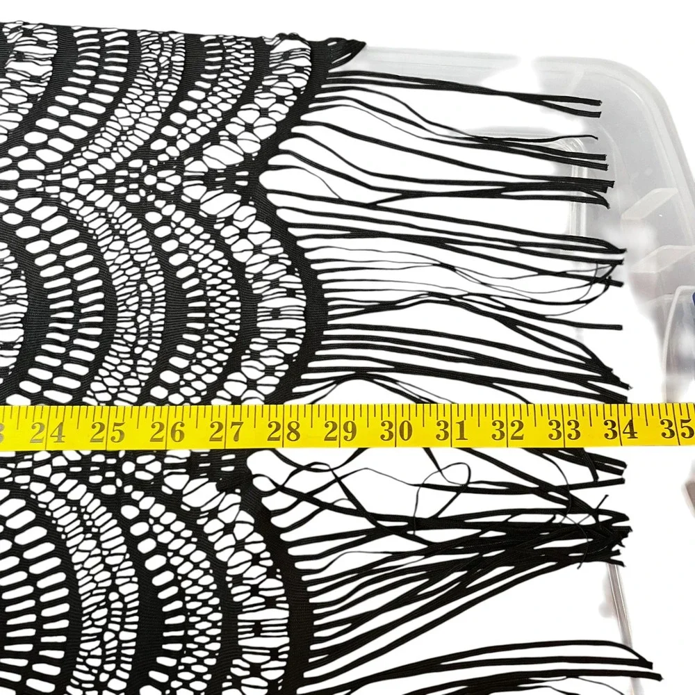 Black Crochet‎ Fringe Vest Open Front Scalloped Knit Boho Festival Swim Cover M